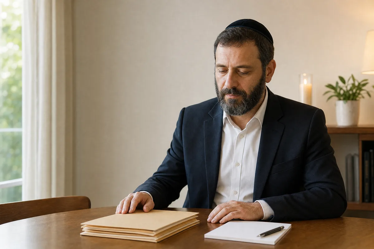 סידורים אחרי פטירה: בן משפחה מסדר את המסמכים בבית בימי השבעה